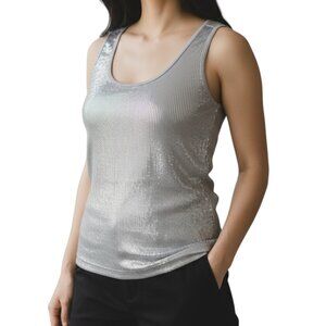 Cache Tank Top Size Small Sleeveless Metallic Front Silver Y2K Glam Date Night